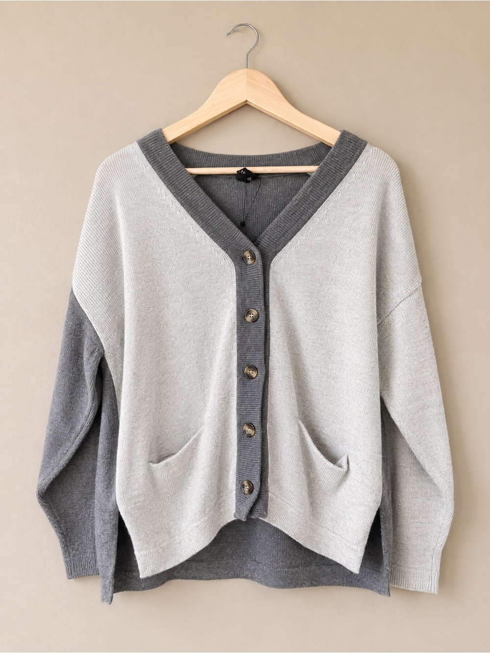 Knot Sisters Two-Tone Grey Color-Block V-Neck Button-Down Cardigan Sweater